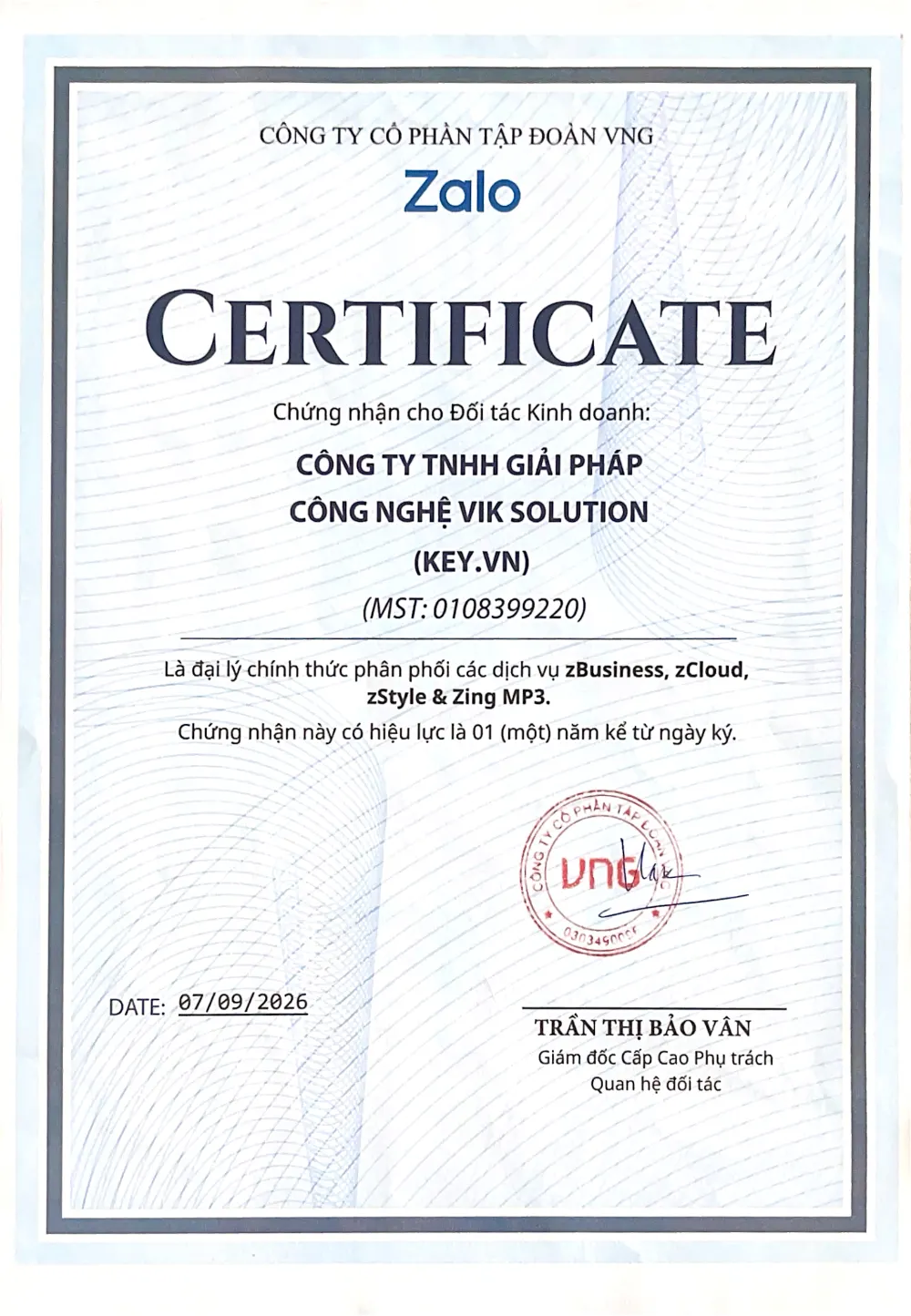 Chứng nhận VNG Zalo Key.vn